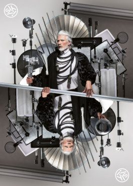 ein concept photo aufgebaut wie die Spielkarte König umgeben von Set Design aus Foto Equipment 